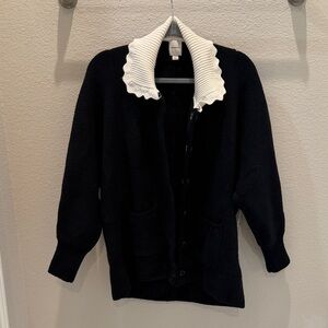 Maeve Black Cardigan with Cream Ribbed Scallop Collar